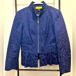 St John Navy Blue Peplum Jacquard Lace Print Jacket Petite